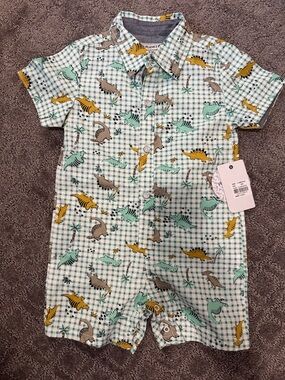 Free Planet Boys Green White Plaid Dinosaur One-Piece